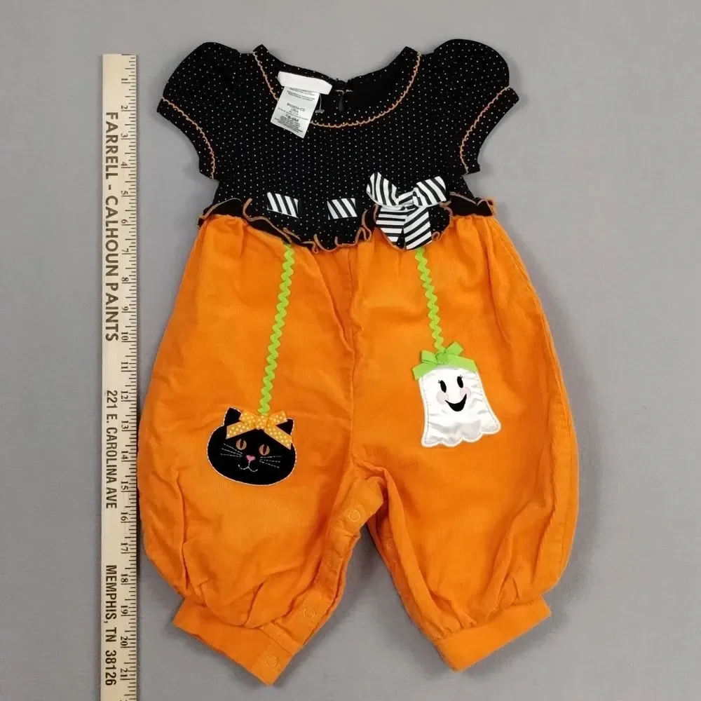 Bonnie Jean Baby Halloween Romper Cat Ghost Corduroy Orange Black Size 6-9 Month